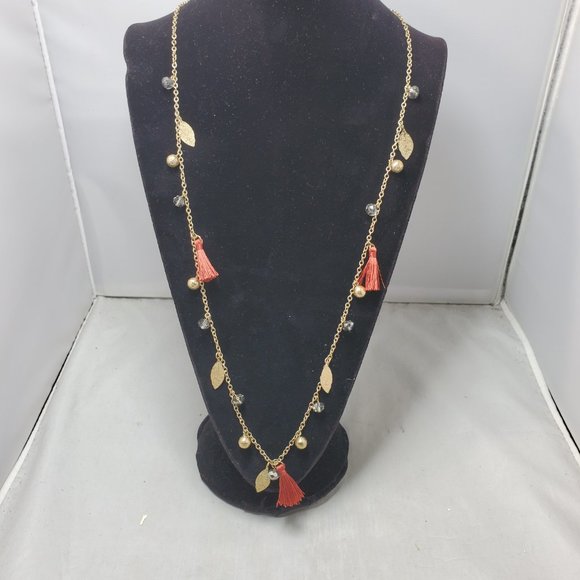 Spring Street orange fringe tassel with gold disco ball and leaf necklace - Picture 2 of 8